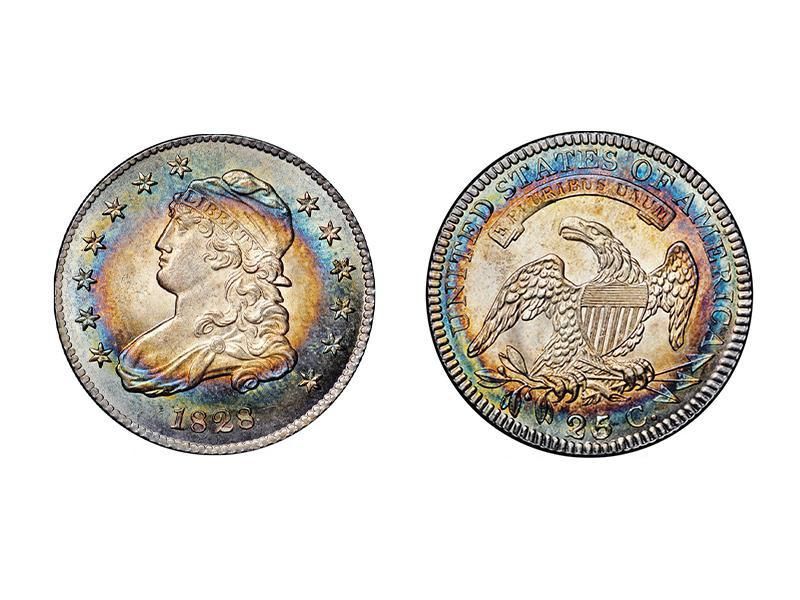 1828 B-3 25/5/50 Error Reverse Capped Bust Quarter