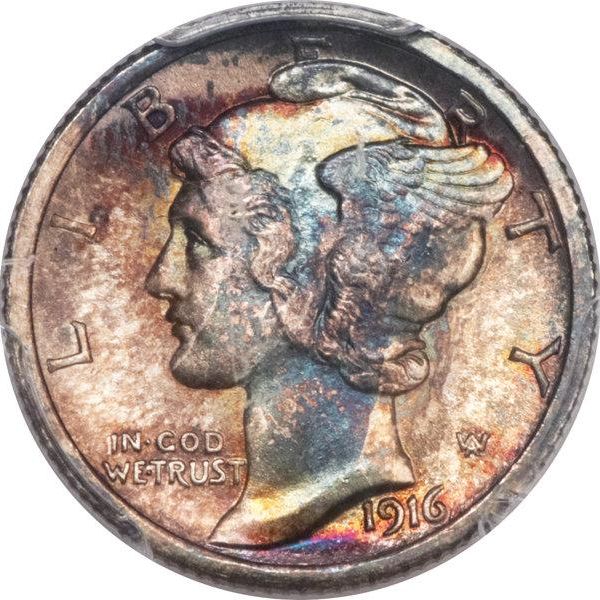 1916-D Mercury Dime with Full Band, Toning