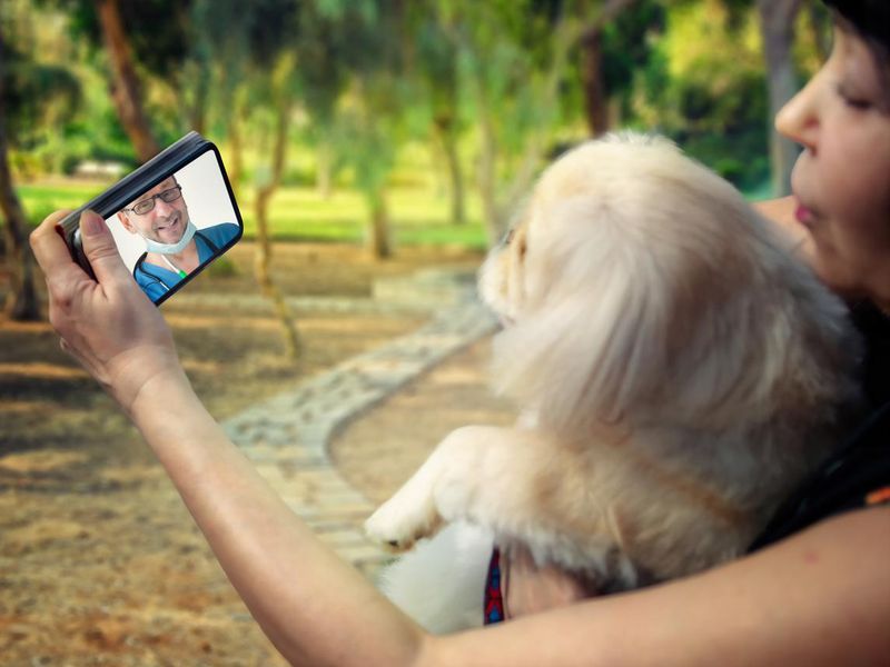 A female owner of a Pekingese dog speaks with a telemedicine veterinarian via phone app