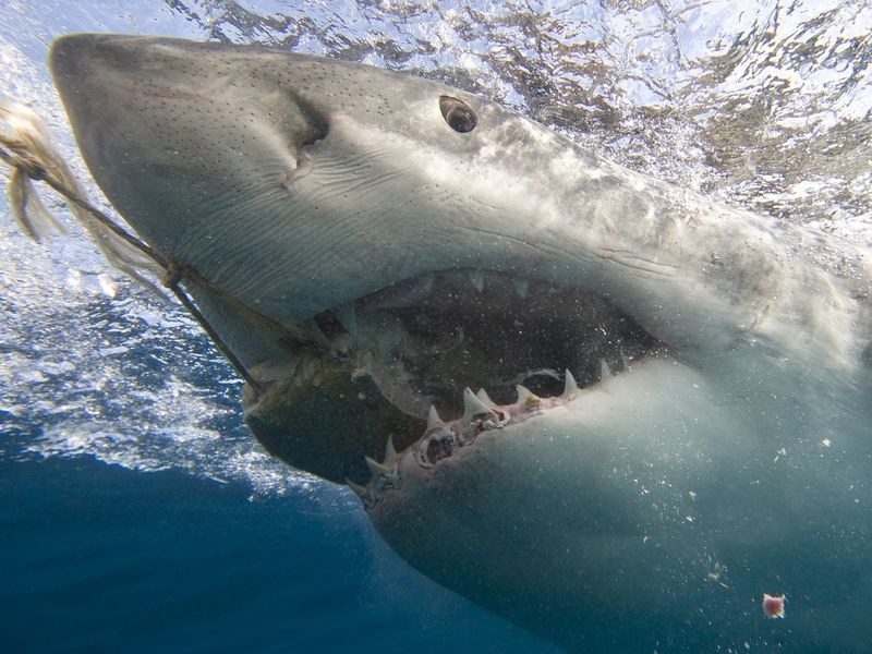 A great white shark biting on food held by a rope