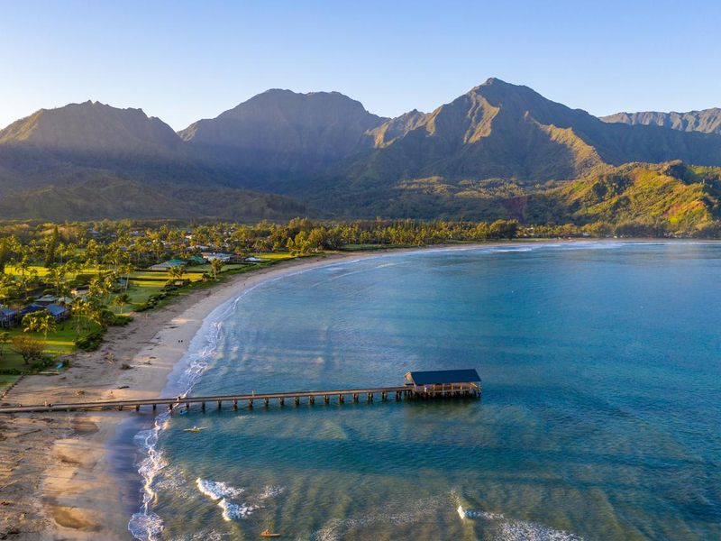 Aerial drone shot of Hanalei bay and beach on the north shore of Kauai in Hawaii