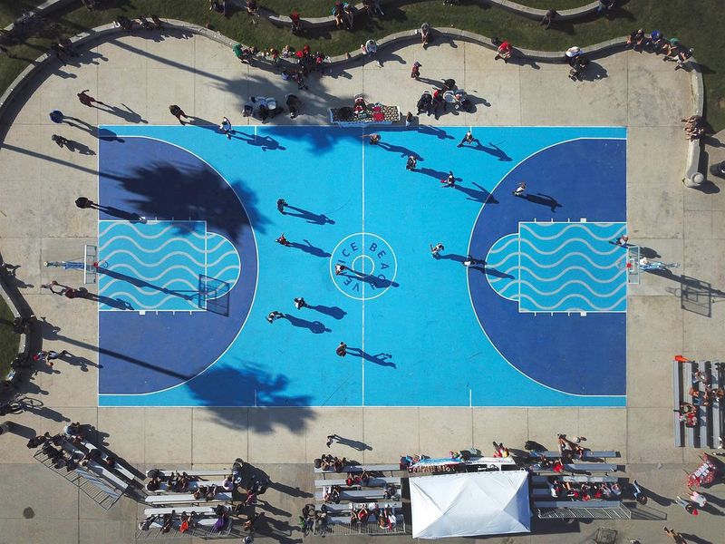 Aerial view basketball field at Venice Beach, Los Angeles, California, USA