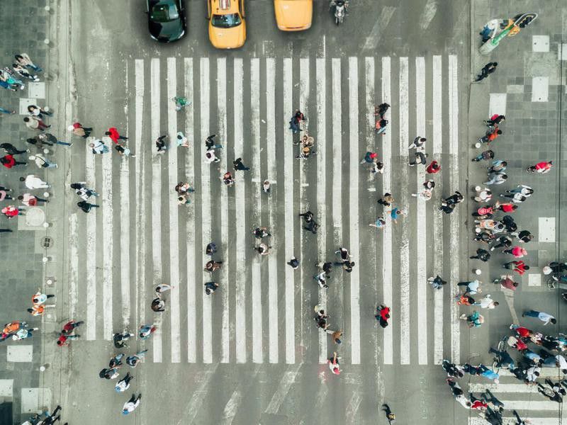 Aerial view of a crosswalk in New York City