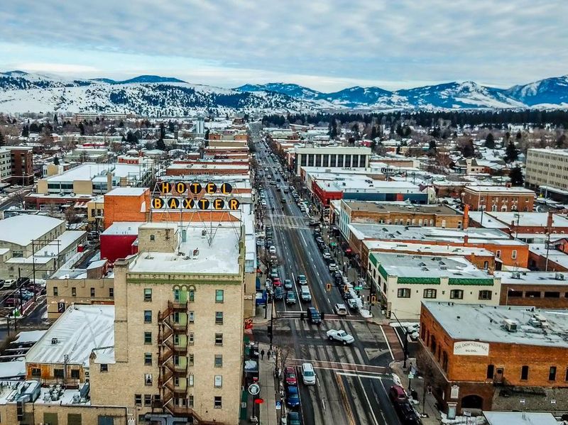 Aerial View of Downtown Bozeman with Baxter Hotel