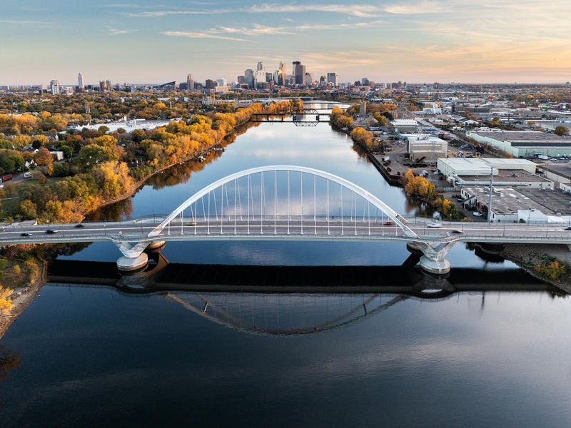 Aerial view of Minneapolis and the Lowry Avenue bridge