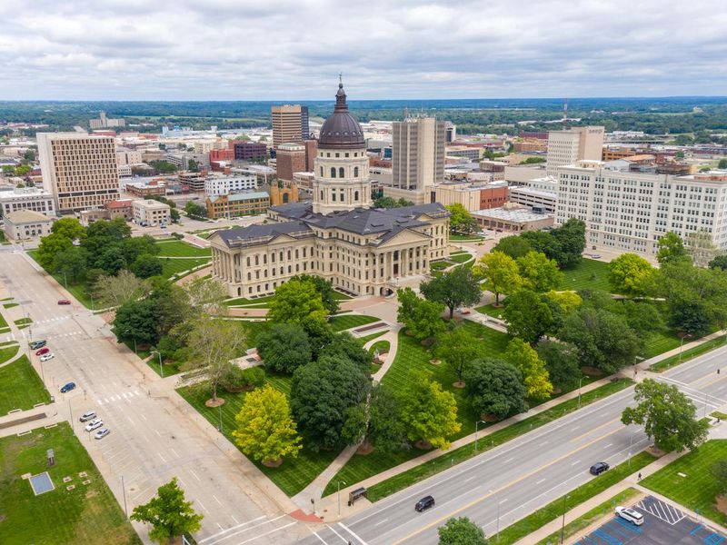 Aerial view of state capitol building in Topeka, Kansas