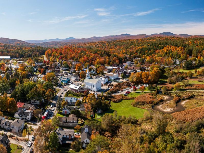 Aerial view of the town of Stowe in the fall