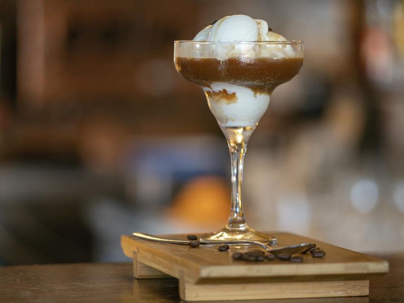 Affogato coffee with ice cream on a martini glass