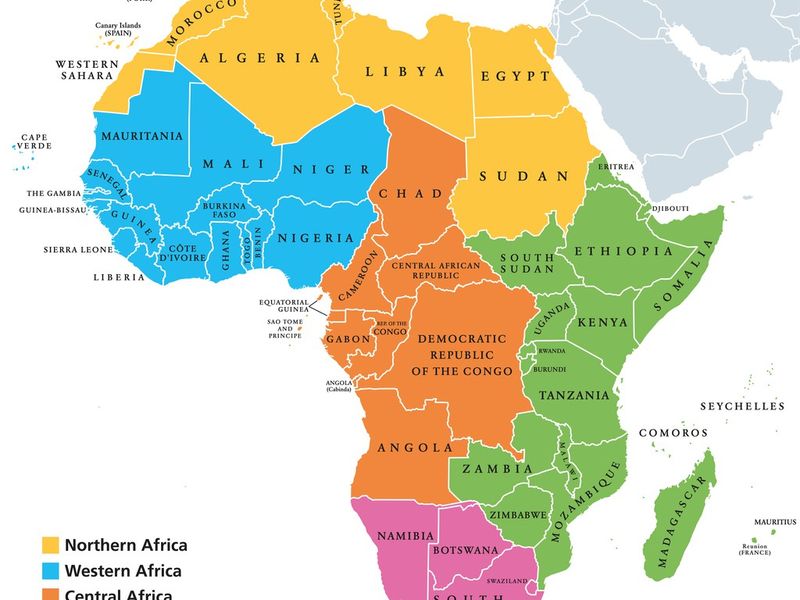 Africa regions map with single countries