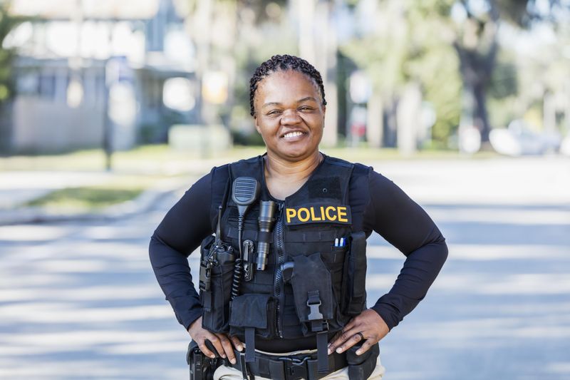 African-American policewoman on foot patrol