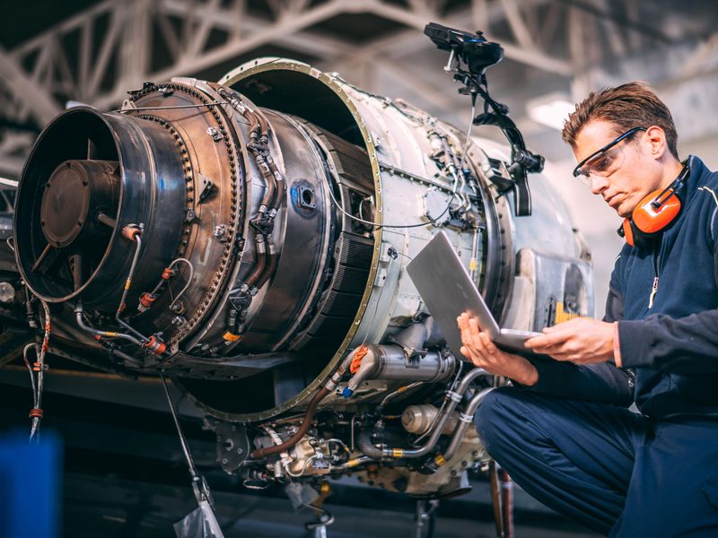 Aircraft engineer in hangar using laptop while repairing airplane jet engine