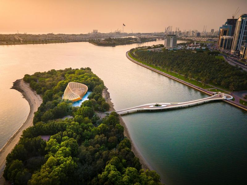 Al Noor island aerial view at Sharjah Emirate of the United Arab Emirates at sunset