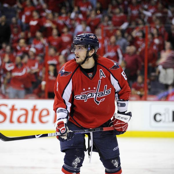 Washington Capitals left wing Alex Ovechkin (8) from Russia waits for play to resume against the Pittsburgh Penguins during Game 7 of an NHL hockey second round playoff series, Wednesday, May 13, 2009, in Washington. The Penguins won 6-2.(AP Photo/Nick Wass)