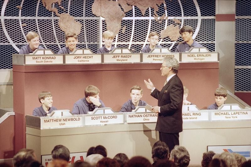 Alex Trebek hosting the National Geography Bee in Washington, D.C., in 1993