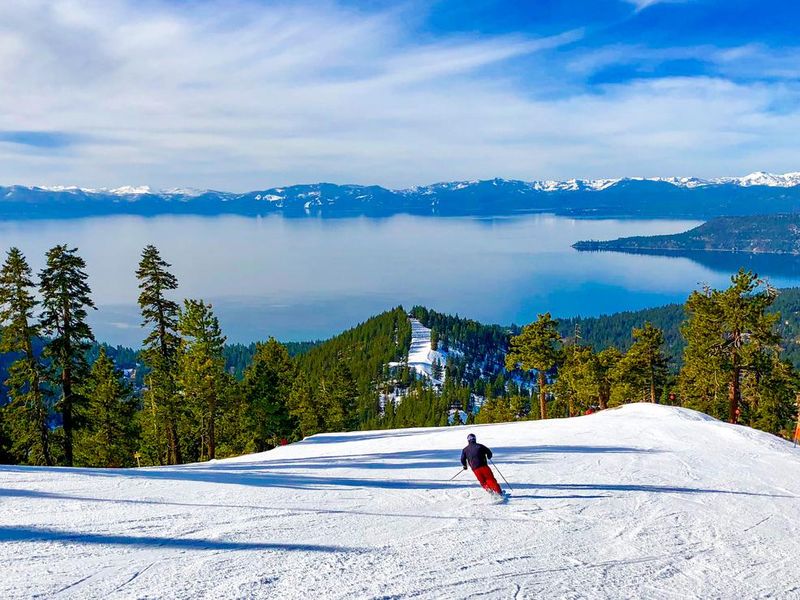 Alpine skiing above Lake Tahoe