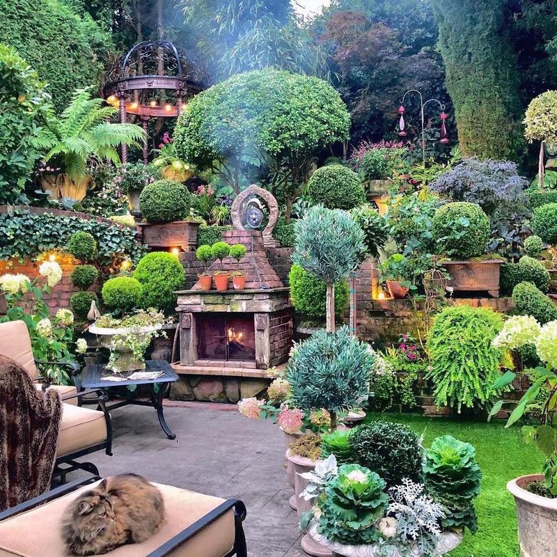 Amazing home garden with outdoor fireplace