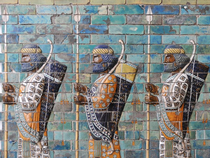 Ancient ceramic mural detail of The Persian Archers of King Darius