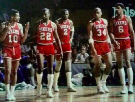 Andrew Toney and Maurice Cheeks with other teammates