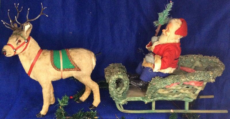 Antique German Reindeer Santa Loofah Sleigh Christmas Ornament