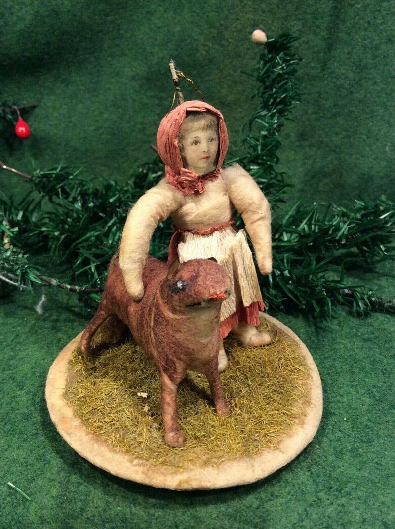 Antique German Spun Cotton Little Red Riding Hood Christmas Ornament
