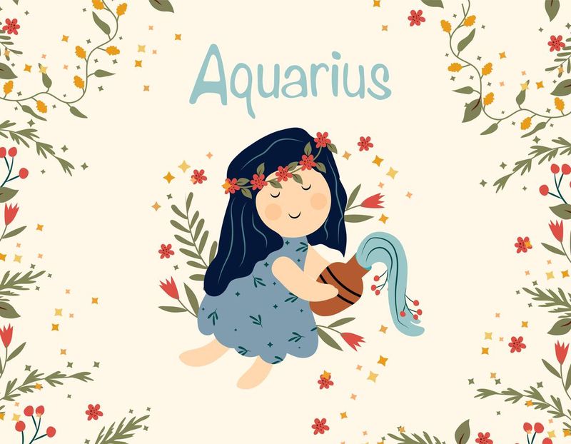 Aquarius zodiac sign. Cute banner with A girl holding a vase of water, stars, flowers, and leaves. Astrological Aquarius sign of the zodiac. Vector illustration.