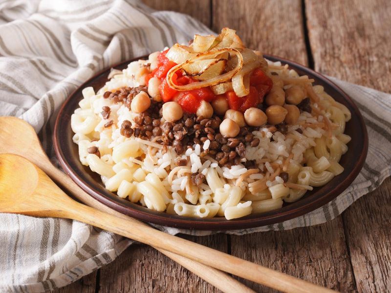 Arabic cuisine: kushari of rice, pasta, chickpeas and lentils