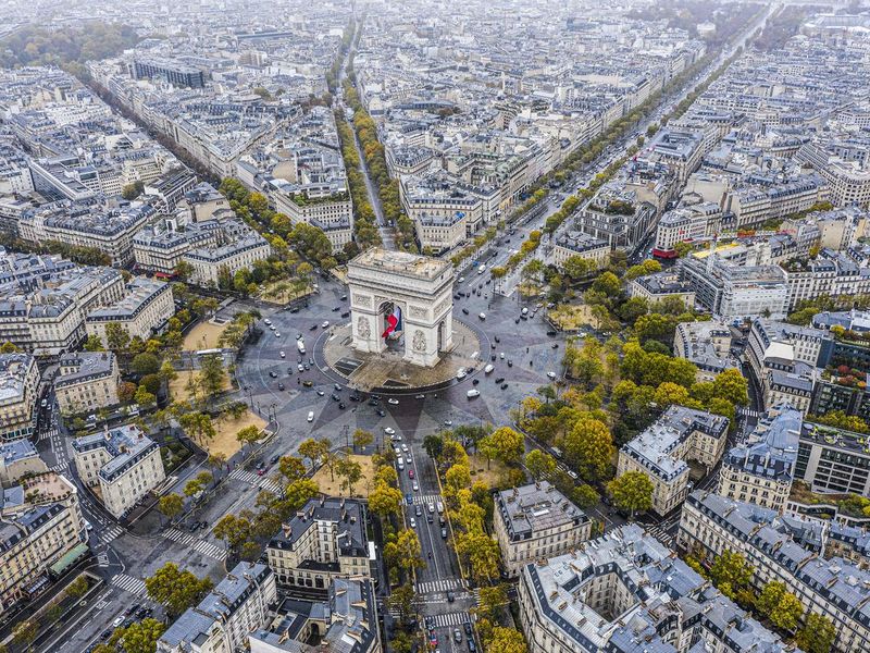 Arc de Triomphe from the sky in Paris