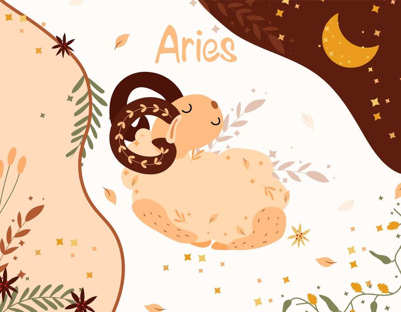 Aries zodiac sign. Cute banner with Aries, stars, flowers, and leaves. Astrological sign of the zodiac. Vector illustration.