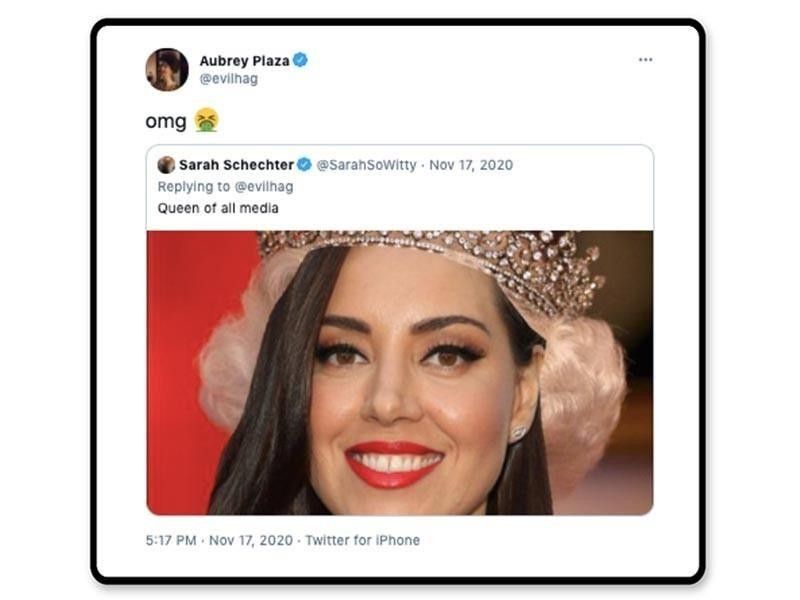 Aubrey Plaza best tweet about a photo of her as queen