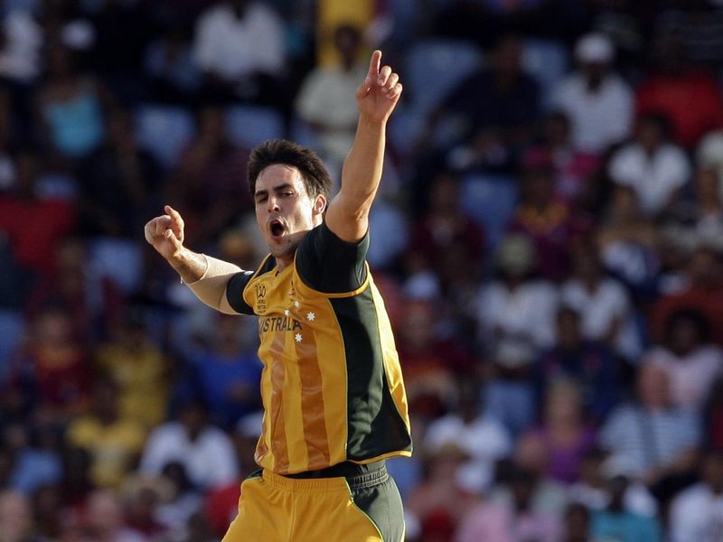 Australia's bowler Mitchell Johnson celebrates