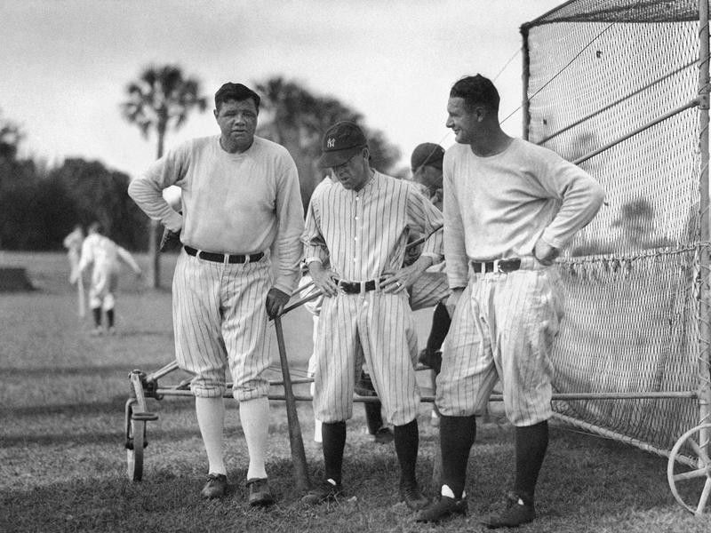 Babe Ruth, Miller Huggins, and Lou Gehrig