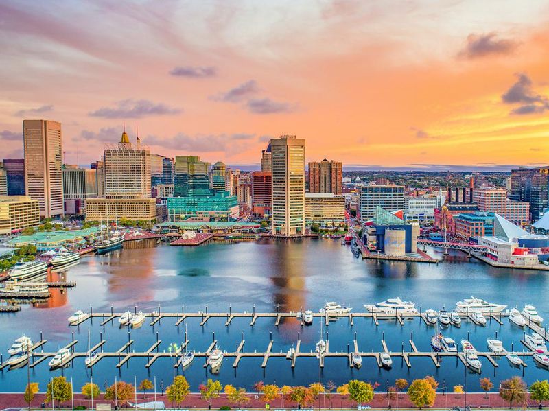 Baltimore Maryland MD Inner Harbor Skyline Aerial