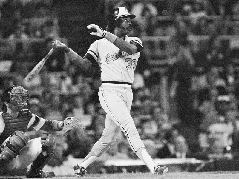 Baltimore Orioles' Eddie Murray watches his 3-run homer