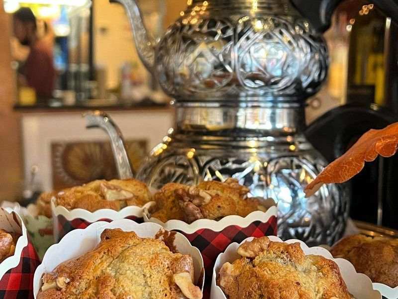 Banana walnut muffins and tea at Cafe Paloma