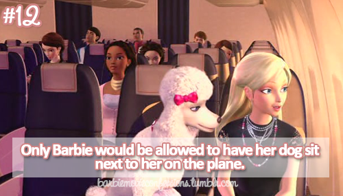 Barbie with her dog on a plane