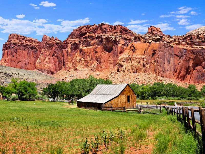 Barn and red mountains of Capitol Reef National Park, Utah