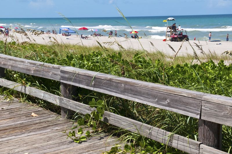 Beach boardwalk and lifeguard stand in Indialantic, Florida, near Melbourne