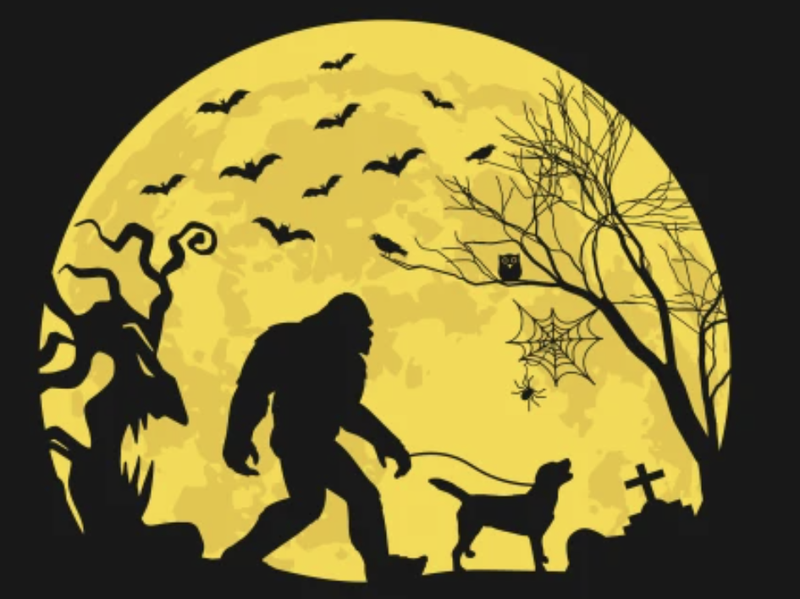 Bigfoot walking a dog under a full moon