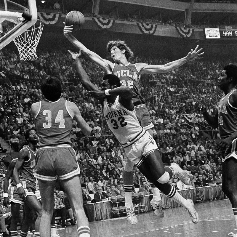 Bill Walton of UCLA goes up for a rebound against Indiana University
