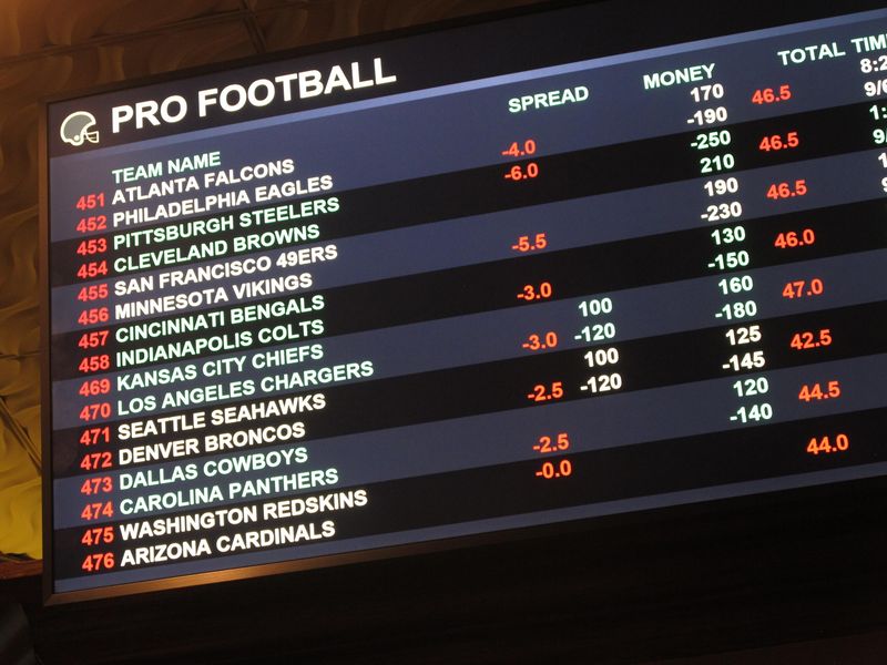 Board at Harrah's casino in Atlantic City, New Jersey, lists odds on NFL games