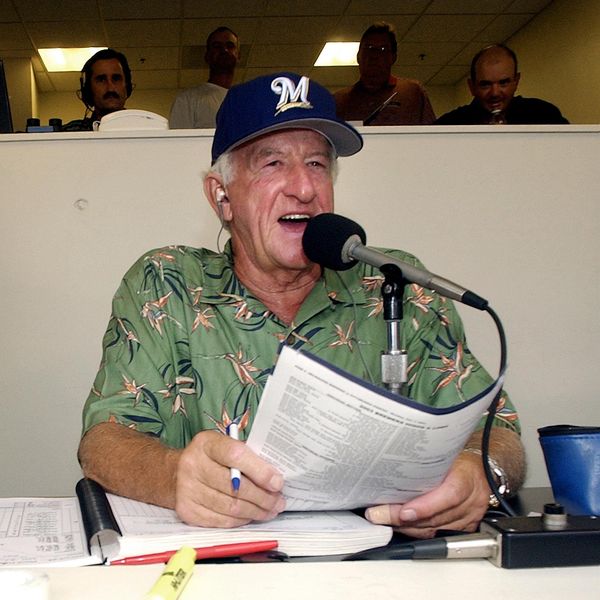 Milwaukee Brewers' radio announcer Bob Uecker works out of the radio booth during a game against the Pittsburgh Pirates Monday, July 7, 2003, at Miller Park in Milwaukee. (AP Photo/Morry Gash)