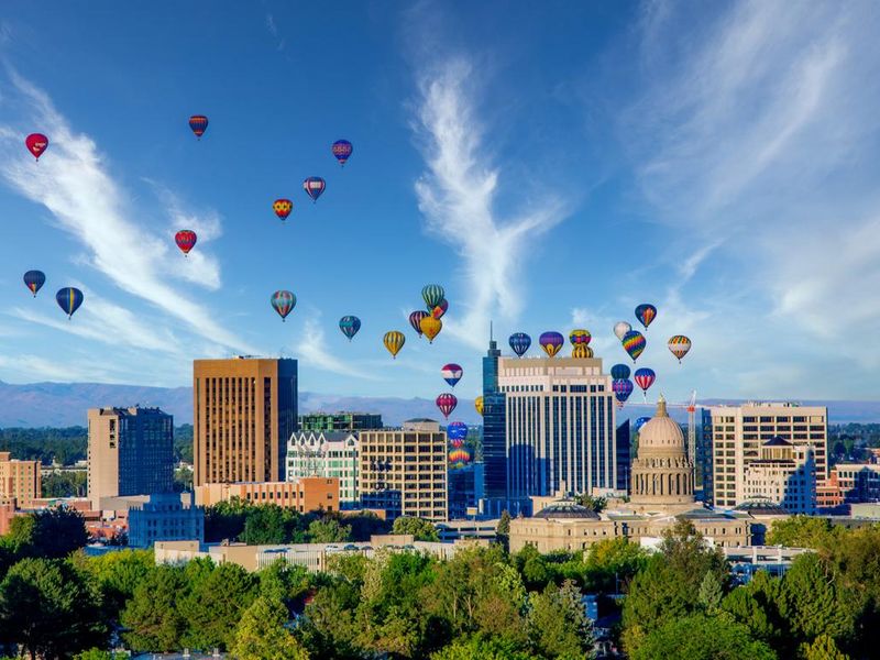 Boise city skyline with hot air balloons and blue sky
