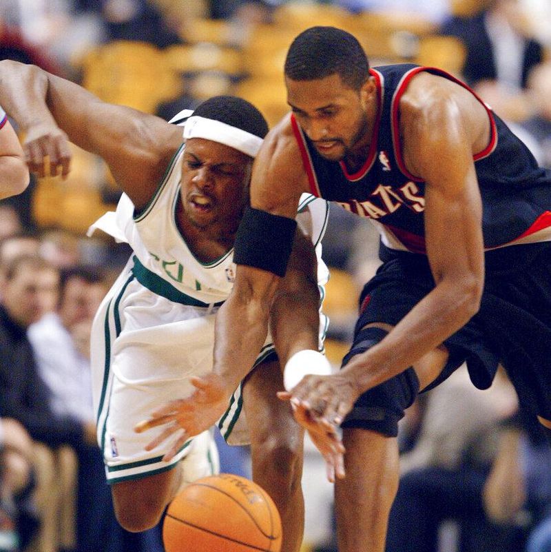 Boston Celtics' Paul Pierce battles Portland Trail Blazers' Shareef Abdur-Rahim