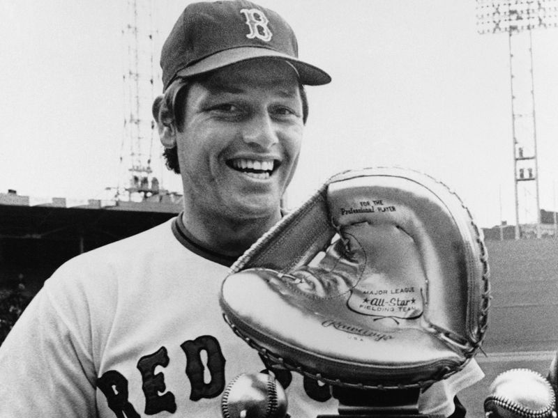 Boston Red Sox catcher Carlton Fisk holds Ford C. Frick Awards