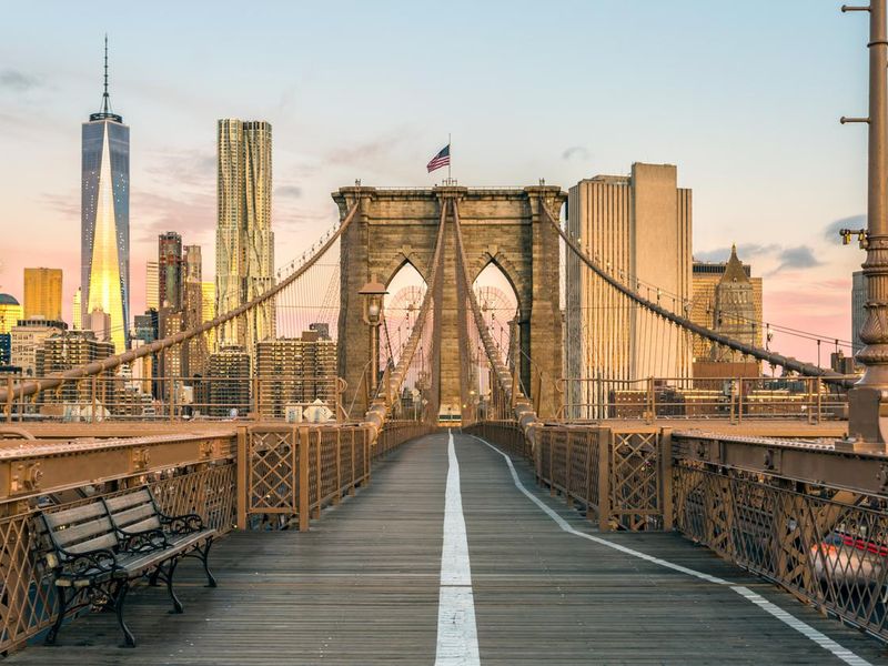 Brooklyn Bridge and Lower Manhattan at Sunrise, New York City