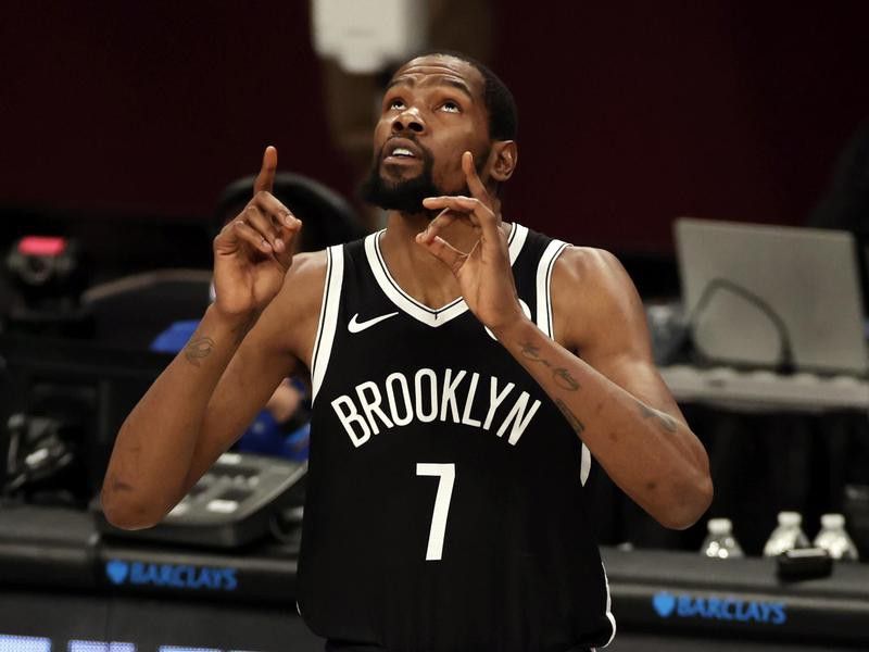 Brooklyn Nets forward Kevin Durant reacts