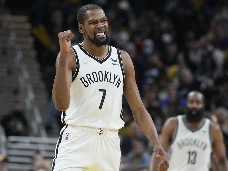 Brooklyn Nets' Kevin Durant reacts during second half of NBA basketball game against Indiana Pacers