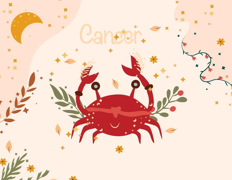 Cancer zodiac sign. Cute banner with Cancer, stars, flowers, and leaves. Astrological sign of the zodiac. Vector illustration.