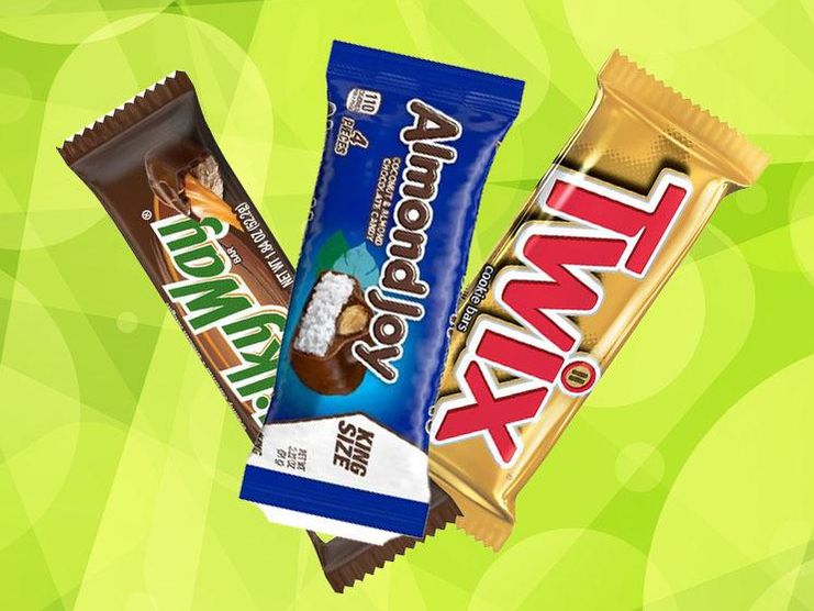 candy bars on green shapes background