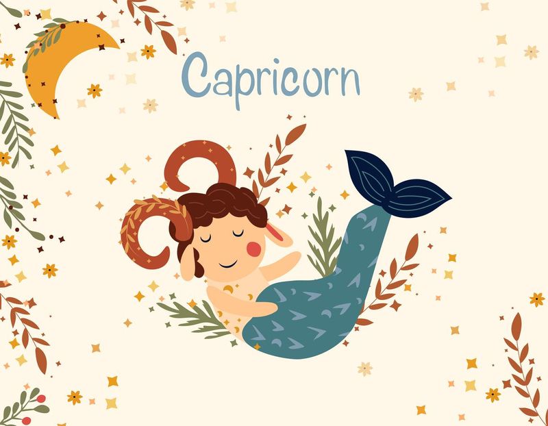 Capricorn zodiac sign. Cute Banner with Capricorn, stars, moon flowers, and leaves. Astrological sign of the zodiac. Vector illustration.